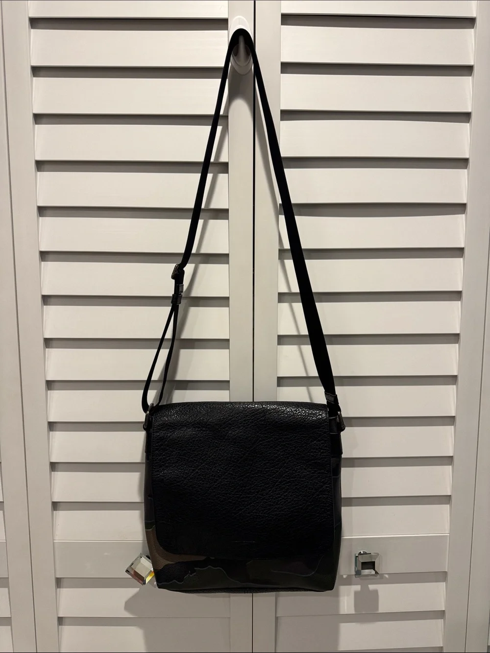 Coach Black Pebbled Leather Messenger Bag with Green Camo Panel